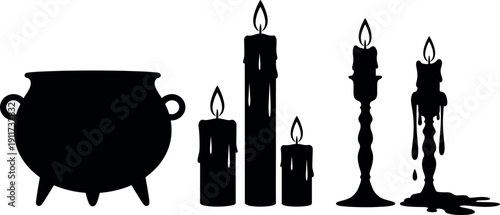 Magic witch cauldron and melting wax candles silhouette set collection for halloween spooky decoration vector illustration isolated on white background