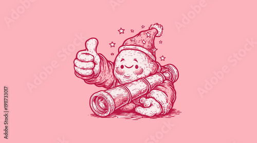 A smiling character, wearing a star-covered hat, holds a telescope and gives a thumbs up