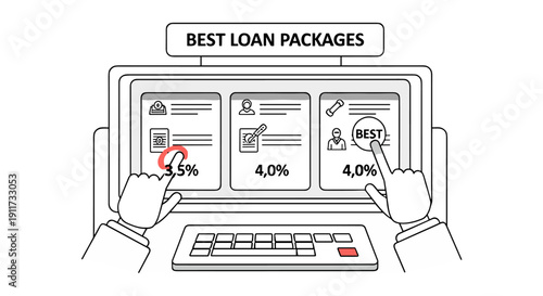 A person's hands interact with a computer screen displaying various loan package options, highlighting the best choices for financial services.