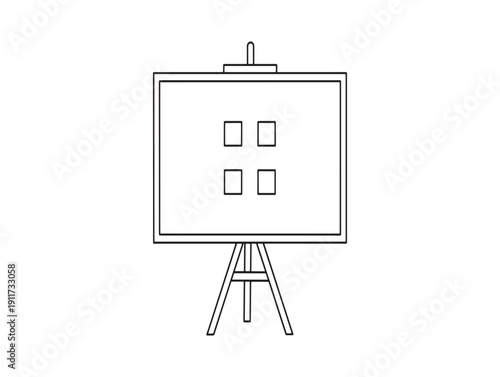 A simple line drawing of a blank whiteboard on an easel with four rectangles