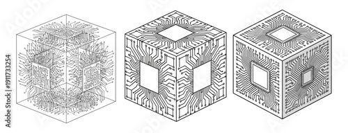 A conceptual illustration showcasing the intricate evolution of a technological cube, from a complex network to a structured circuit board design.