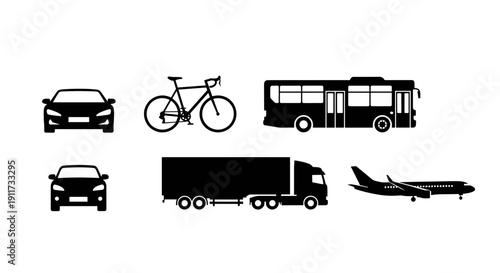 Vector icons representing various transportation modes. Sleek black silhouettes illustrate essential vehicles car, bus, bicycle, truck, and airplane, perfect for modern design