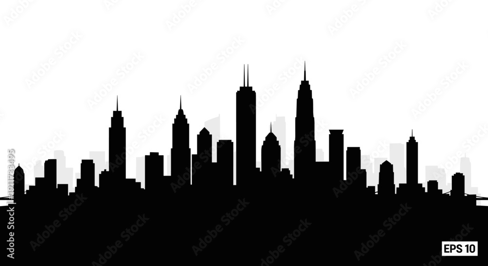 Obraz premium A stark black silhouette of a modern city skyline against a pure white background, showcasing a collection of towering skyscrapers and diverse architectural structures