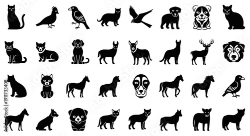 A diverse collection of stylized black and white silhouette icons representing various animals, including domestic pets, wild creatures, and farm animals, ideal for graphic design and conceptual use