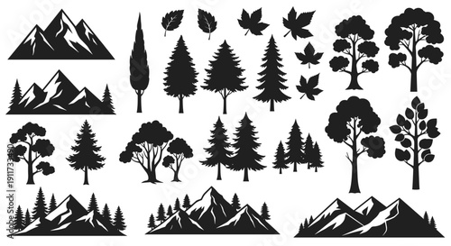 Black vector silhouettes featuring majestic mountains, diverse forest trees (conifers, deciduous), and leaves. Ideal for nature graphic design