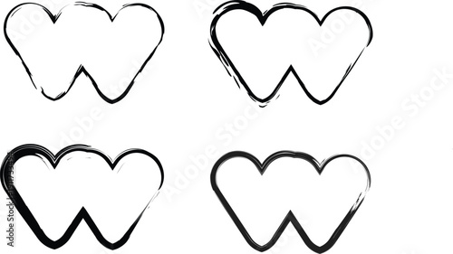 Set of black and white hand drawn grungy brush stroke heart wave shapes for romantic wedding branding and minimalist valentine design projects.