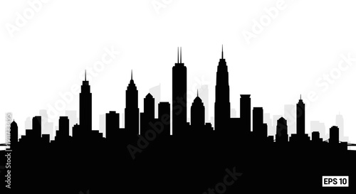 A stark black silhouette of a modern city skyline against a pure white background, showcasing a collection of towering skyscrapers and diverse architectural structures