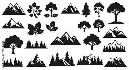 Collection of stylized black and white mountain and tree illustrations, perfect for nature, landscape, and outdoor adventure designs