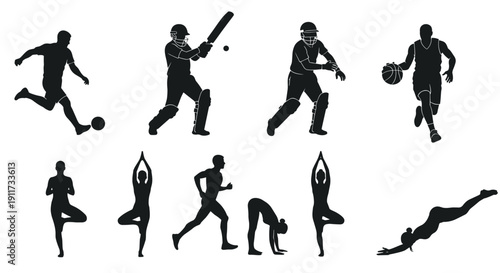 Versatile ensemble of athlete and fitness silhouettes, featuring a variety of active sports, yoga poses, and exercise movements for health and wellness