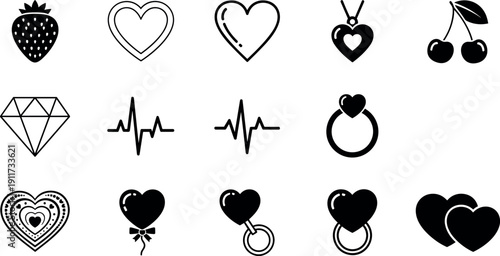 Vector set of black and white love icons including hearts, diamond, rings, heartbeat line and fruits for Valentine's day projects.