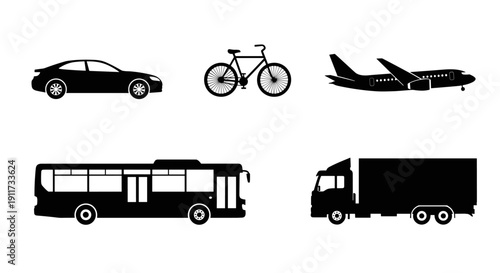 A collection of diverse transportation vehicles including a car, bicycle, airplane, bus, and a cargo truck, representing various modes of travel and logistics