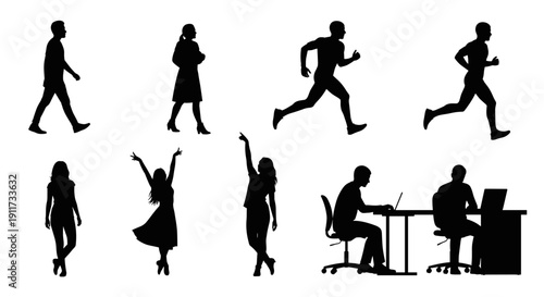 Collection of diverse black silhouettes depicting men and women in various activities like walking, running, dancing, and working, representing human actions and lifestyles