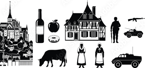 Black silhouette icons of European heritage featuring a historic castle, traditional village house, military figures, local food, and farm animals on white background.