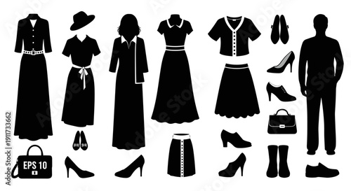 Collection of women's and men's clothing and accessories, including dresses, skirts, blouses, shoes, bags, and boots, depicting fashion and style essentials for various occasions