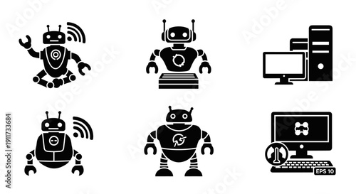 Vector icons illustrating artificial intelligence, robotics, and computing technology, featuring various robot designs, smart systems, and digital elements