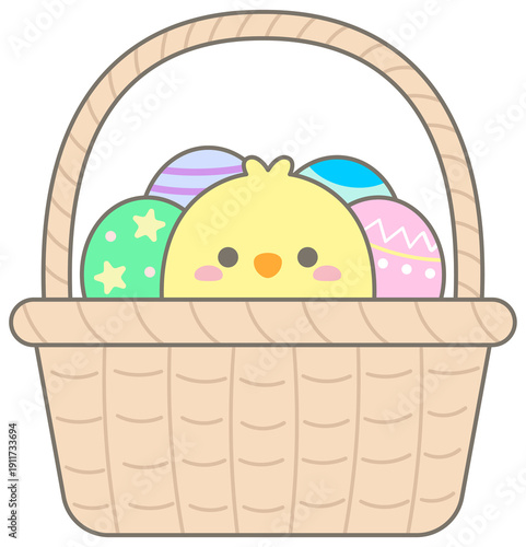 Cute Pastel Easter Basket Filled with Decorated Eggs and Tiny Baby Chick