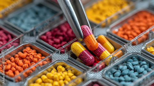 Colorful Capsules and Pellets Pharmaceutical Manufacturing and Quality Control.