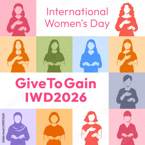 Give to Gain campaign pose. International Women's Day 2026. Diverse women demonstrate open palms giving gesture, with hand on their hearts to show generosity, collaboration and support for all women