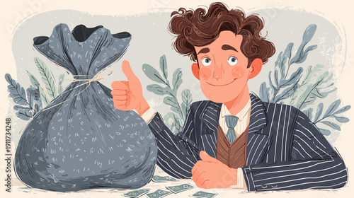 Illustration of a man in pinstripe suit with a bag of money and giving thumbs up