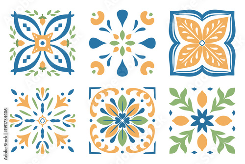 Mediterranean Ceramic Tile Patterns: Portugal Azulejo, Italian Amalfi, and Greek Mosaic Vector Backgrounds