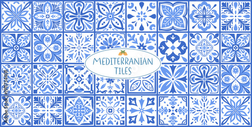 Mediterranean Blue Ceramic Tile Patterns: Portugal Azulejo, Italian Amalfi, and Greek Mosaic Vector Backgrounds