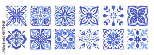 Mediterranean Blue Ceramic Tile Patterns: Portugal Azulejo, Italian Amalfi, and Greek Mosaic Vector Backgrounds