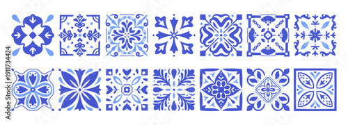 Mediterranean Blue Ceramic Tile Patterns: Portugal Azulejo, Italian Amalfi, and Greek Mosaic Vector Backgrounds