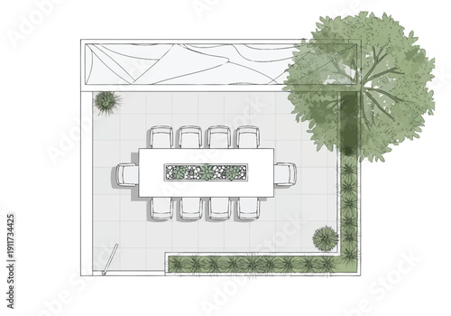 Modern Outdoor Dining Area Patio Design Top View Seating Furniture Fire Pit Landscaping Elements Tree Greenery Home Exterior Space furniture icons