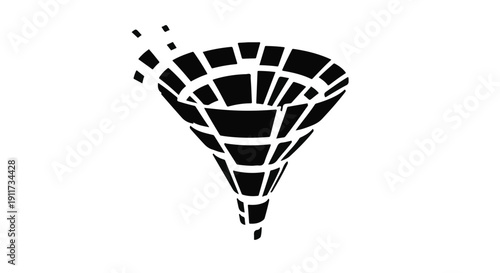 Black and white funnel icon with scattered squares on plain background, symbolizing marketing conversion and data analysis