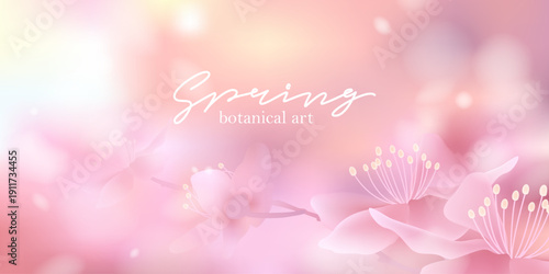 Spring blurred landscape with cherry blossoms, flying petals. Sunny sky, white clouds. Unfocused, bokeh nature background. Macro cherry tree flowers. Warm sunlight.