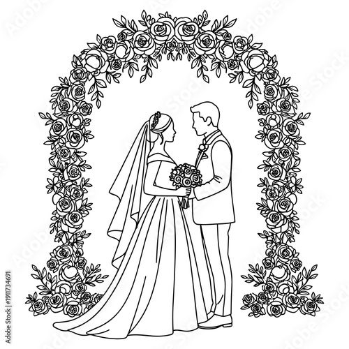 Wedding Couple Under Floral Arch Illustration