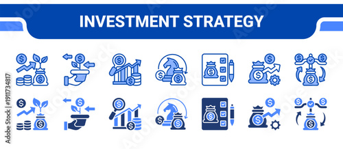 Investment Strategy Icon Collection,  featuring Investment, Investment return, Analysis, Strategy, Evaluation, Optimization, Balance.