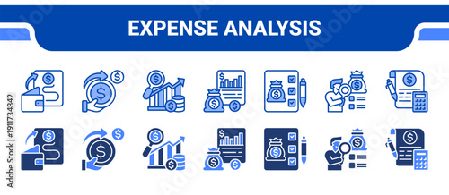 Expense Analysis Icon Collection,  featuring Expense, Expenditure, Analysis, Reporting, Evaluation, Tracking, Assessment.