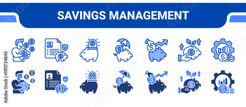 Savings Management Icon Collection,  featuring Savings, Saving account, Emergency fund, Emergency savings, Savings plan, Piggy bank, Money management.