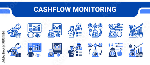 Cashflow Monitoring Icon Collection,  featuring Cashflow, Monitoring, Reporting, Tracking, Balance, Adjustment, Financial.