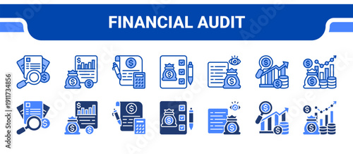 Financial Audit Icon Collection,  featuring Audit, Reporting, Assessment, Evaluation, Control, Analysis, Financial.