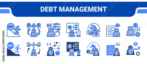 Debt Management Icon Collection,  featuring Debt, Balance, Adjustment, Planning, Strategy, Control, Optimization.