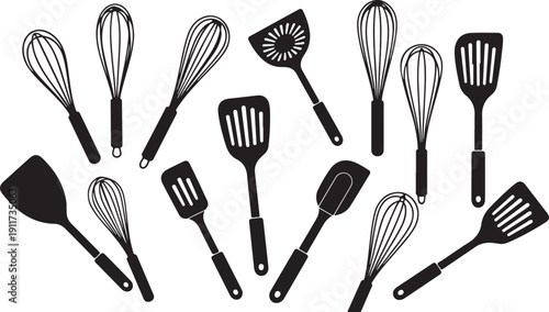 Set of 12 black kitchen utensils cooking tools whisk ladle spatula vector illustration flat design isolated