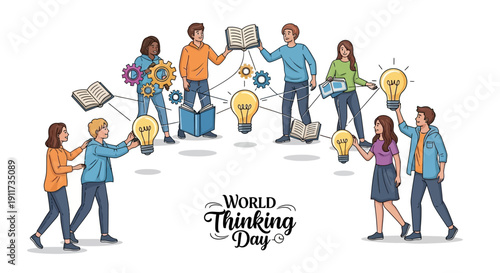 Illustration of diverse people collaborating with lightbulbs and icons, celebrating World Thinking Day with a theme of empowering girls and global action for a sustainable future.