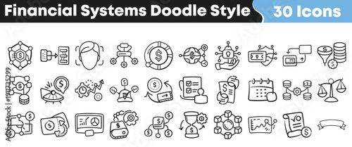 Collection of thirty hand drawn doodle style icons representing various concepts within modern financial systems and monetary organization structures