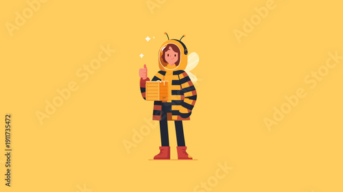 A person in a bee costume giving a thumbs up, holding a package, against a yellow background