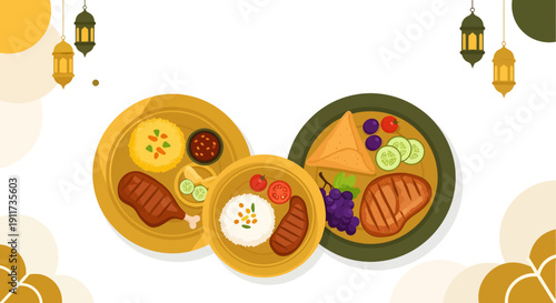 Ramadan Iftar Dinner Illustration with Traditional Arabic Food, Grilled Meat, Rice, and Lanterns on White Background