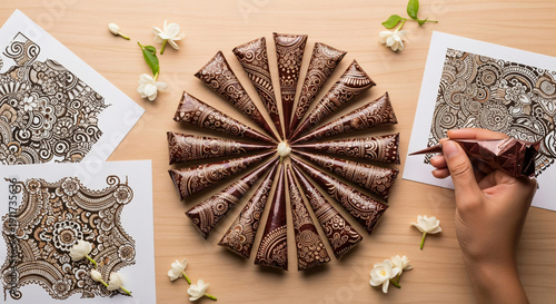 Artistic Flat Lay of Henna Mehendi Cones, Hand Drawing Detailed Traditional Indian Designs with Fresh Jasmine Flowers