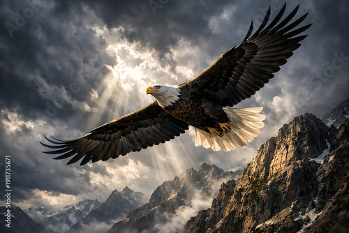 Wallpaper Mural Eagle flying above mountain cliffs under dramatic sunlight Torontodigital.ca