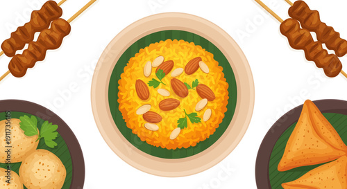 Top View Ramadan Food Illustration with Biryani Rice, Satay Skewers, and Samosa on White Background