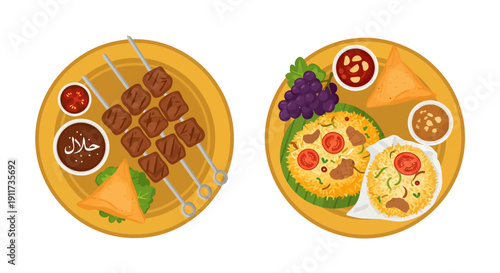 Arabic Food Iftar Set with Beef Kebab, Biryani Rice, and Samosa Illustration