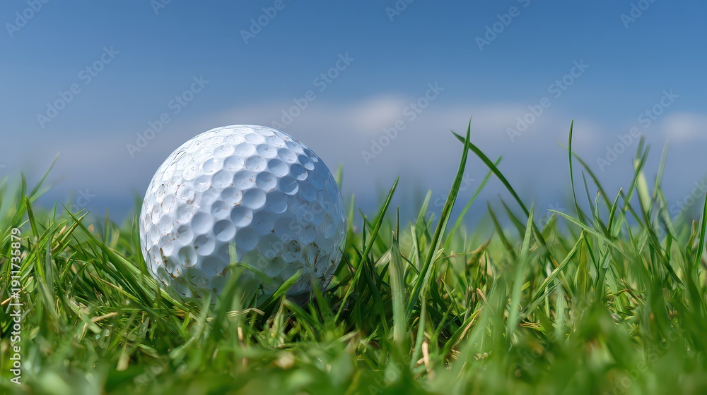 Obraz premium Close Up View of White Golf Ball on Green Grass Against Blue Sky