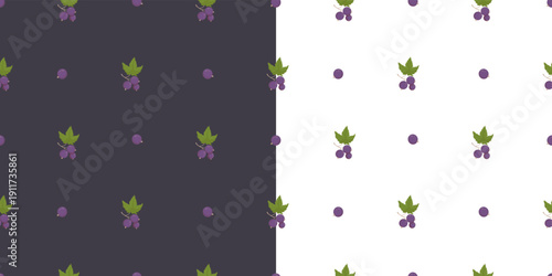 Blackcurrant Seamless Pattern Set. Branches Purple Berries with Leaves on White and Dark Graphite Background. Isolated Light and Moody Berry Botanical Square template Ornament. Vector illustration