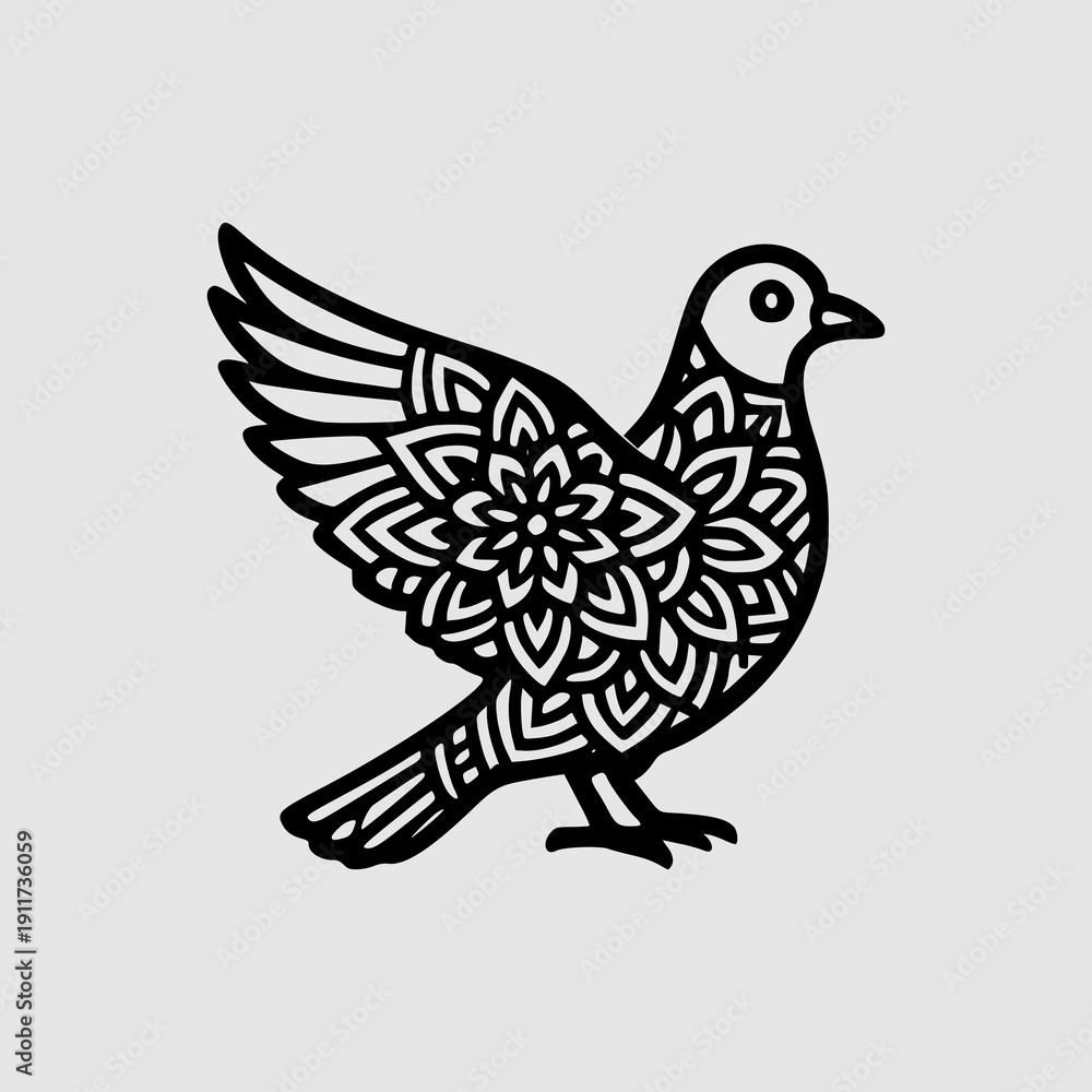 Fototapeta premium Pigeon Silhouette with Intricate Mandala Pattern Inside Body Design