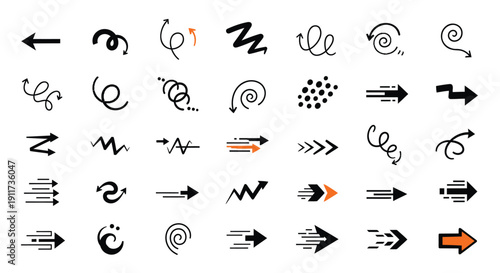 Collection of hand-drawn arrows and swirling motion icons in black, orange, and white